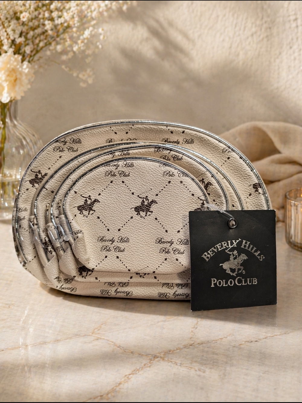 NWT Beverly Hills Polo Club Beige & Brown Logo Cosmetic Bag Set